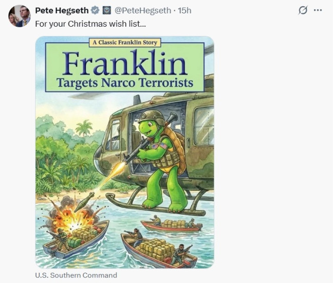 피트 헤그세스 미 국방장관이 '마약운반선 격침'을 패러디한 게시물