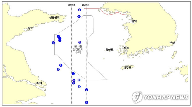 중국이 서해에 설치한 해양구조물 발견현황